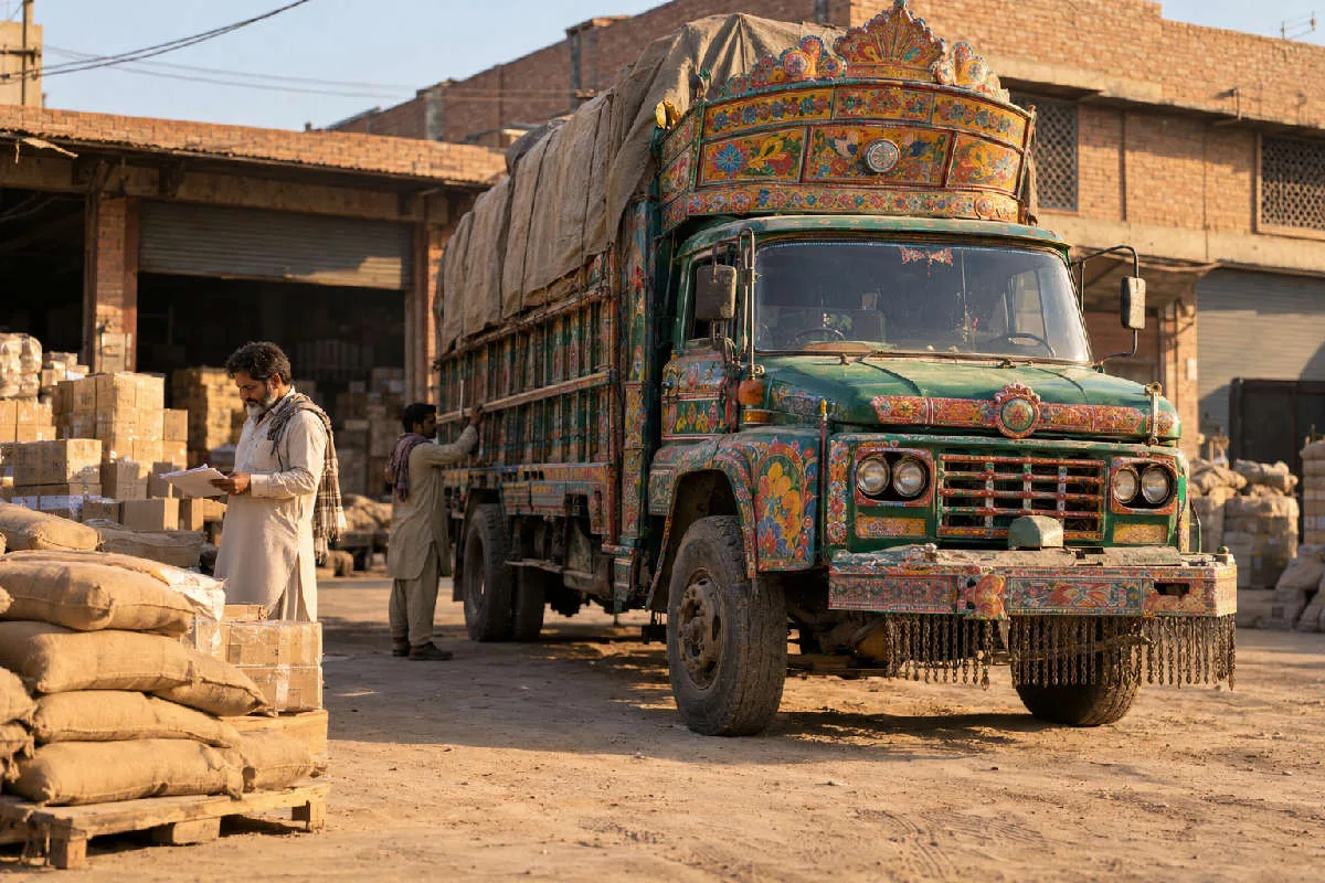 AI-generated photograph of a Pakistani goods transport adda, with a decorated freight truck, warehouse and workers checking a bilty.